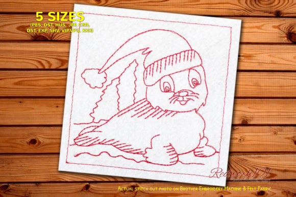 Baby Seal with Christmas Hat Redwork